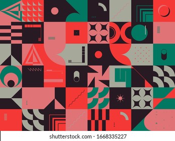 Neo Modernismus Kunstmuster aus abstrakter Vektorillustration geometrische Formen und Formen. Einfache Form fett grafisches Design, nützlich für Web-Kunst, Einladungskarten, Plakate, Drucke, Textilien, Hintergründe.