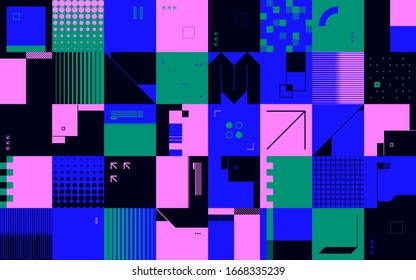 Neo Modernismus Kunstmuster aus abstrakter Vektorillustration geometrische Formen und Formen. Einfache Form fett grafisches Design, nützlich für Web-Kunst, Einladungskarten, Plakate, Drucke, Textilien, Hintergründe.