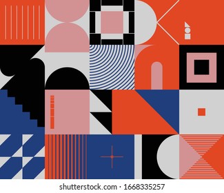 Neo Modernism artwork pattern made with abstract vector geometric shapes and forms. Simple form bold graphic design, useful for web art, invitation cards, posters, prints, textile, backgrounds.