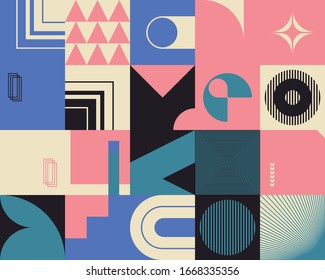 Neo Modernism artwork pattern made with abstract vector geometric shapes and forms. Simple form bold graphic design, useful for web art, invitation cards, posters, prints, textile, backgrounds.