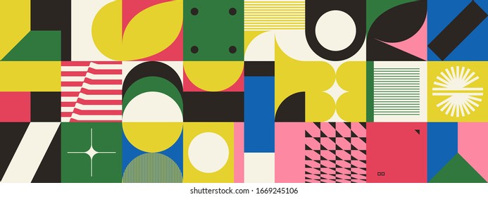 Neo Modernism artwork pattern made with abstract vector geometric shapes and forms. Simple form bold graphic design, useful for web art, invitation cards, posters, prints, textile, backgrounds.