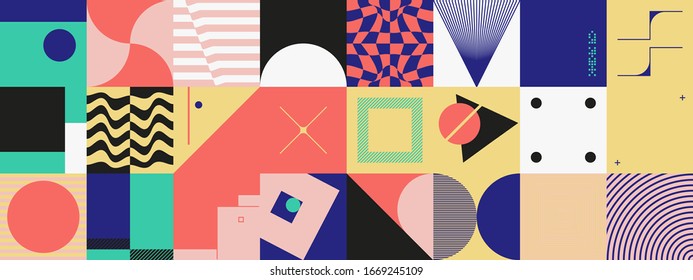 Neo Modernismo patrón de arte hecho con formas y formas geométricas vectoriales abstractas. Diseño gráfico sencillo en negrita, útil para el arte web, tarjetas de invitación, carteles, impresiones, textiles, fondos.