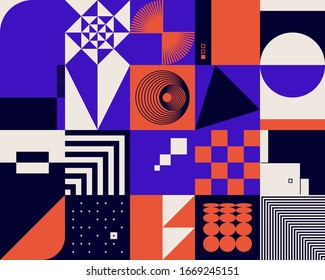 Neo Modernism artwork pattern made with abstract vector geometric shapes and forms. Simple form bold graphic design, useful for web art, invitation cards, posters, prints, textile, backgrounds.