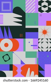 Neo Modernism artwork pattern made with abstract vector geometric shapes and forms. Simple form bold graphic design, useful for web art, invitation cards, posters, prints, textile, backgrounds.
