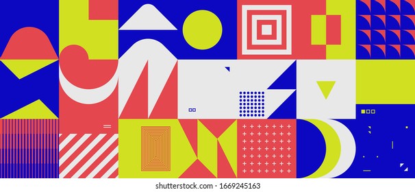 Neo Modernism artwork pattern made with abstract vector geometric shapes and forms. Simple form bold graphic design, useful for web art, invitation cards, posters, prints, textile, backgrounds.