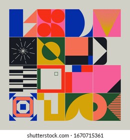 Neo Modernism artwork pattern made with abstract vector geometric shapes and forms. Simple form bold graphic design, useful for web art, invitation cards, posters, prints, textile, backgrounds.