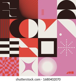 Neo Modernism artwork pattern made with abstract vector geometric shapes and forms. Simple form bold graphic design, useful for web art, invitation cards, posters, prints, textile, backgrounds.