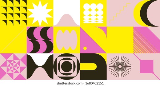 Neo Modernism artwork pattern made with abstract vector geometric shapes and forms. Simple form bold graphic design, useful for web art, invitation cards, posters, prints, textile, backgrounds.