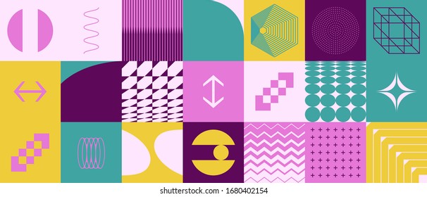 Neo Modernism artwork pattern made with abstract vector geometric shapes and forms. Simple form bold graphic design, useful for web art, invitation cards, posters, prints, textile, backgrounds.