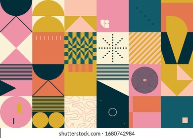 Neo Modernism artwork pattern made with abstract vector geometric shapes and forms. Simple form bold graphic design, useful for web art, invitation cards, posters, prints, textile, backgrounds.