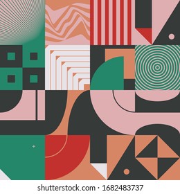 Neo Modernism artwork pattern made with abstract vector geometric shapes and forms. Simple form bold graphic design, useful for web art, invitation cards, posters, prints, textile, backgrounds.