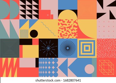 Neo Modernism artwork pattern made with abstract vector geometric shapes and forms. Simple form bold graphic design, useful for web art, invitation cards, posters, prints, textile, backgrounds.