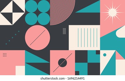 Neo Modernism artwork pattern made with abstract vector geometric shapes and forms. Simple form bold graphic design, useful for web art, invitation cards, posters, prints, textile, backgrounds.