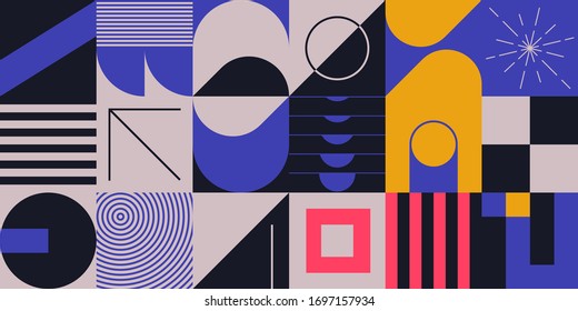 Neo Modernism artwork pattern made with abstract vector geometric shapes and forms. Simple form bold graphic design, useful for web art, invitation cards, posters, prints, textile, backgrounds.