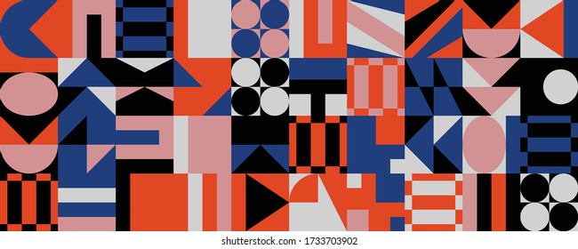 Neo Modernism artwork pattern made with abstract vector geometric shapes and forms. Simple form bold graphic design, useful for web art, invitation cards, posters, prints, textile, backgrounds.