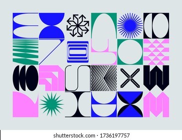 Neo Modernism artwork pattern made with abstract vector geometric shapes and forms. Simple form bold graphic design, useful for web art, invitation cards, posters, prints, textile, backgrounds.