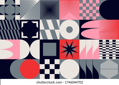 Neo Modernism artwork pattern made with abstract vector geometric shapes and forms. Simple form bold graphic design, useful for web art, invitation cards, posters, prints, textile, backgrounds.