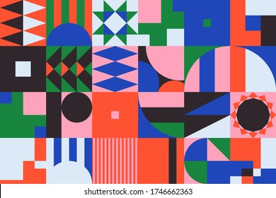 Neo Modernism artwork pattern made with abstract vector geometric shapes and forms. Simple form bold graphic design, useful for web art, invitation cards, posters, prints, textile, backgrounds.