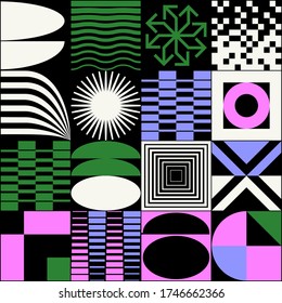 Patrón de arte neo-modernista hecho con formas y formas abstractas de vectores geométricos. Diseño gráfico sencillo en negrita, útil para el arte web, tarjetas de invitación, carteles, impresiones, textiles, fondos.