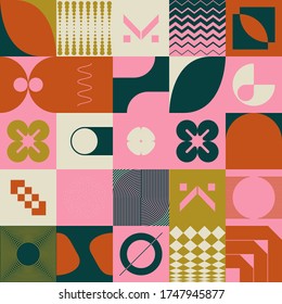 Neo Modernism artwork pattern made with abstract vector geometric shapes and forms. Simple form bold graphic design, useful for web art, invitation cards, posters, prints, textile, backgrounds.