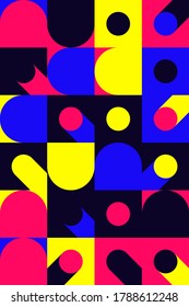 Neo Modernismus Kunstmuster mit abstrakten, vektorgeometrischen Formen und Formen. Einfache Form fett grafisches Design, nützlich für Web-Kunst, Einladungskarten, Plakate, Drucke, Textilien, Hintergründe.