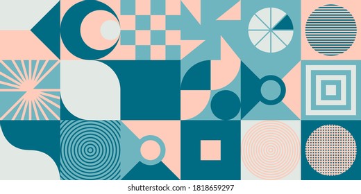 Neo Modernism artwork pattern made with abstract vector geometric shapes and forms. Simple form bold graphic design, useful for web art, invitation cards, posters, prints, textile, backgrounds.