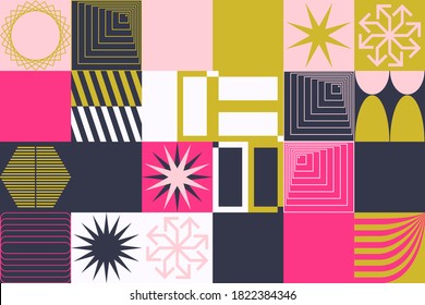 Neo Modernism artwork pattern made with abstract vector geometric shapes and forms. Simple form bold graphic design, useful for web art, invitation cards, posters, prints, textile, backgrounds.