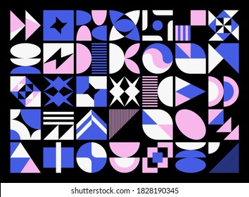 Neo Modernism artwork pattern made with abstract vector geometric shapes and forms. Simple form bold graphic design, useful for web art, invitation cards, posters, prints, textile, backgrounds.