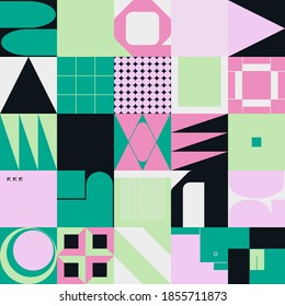 Neo Modernismus Kunstmuster mit abstrakten, vektorgeometrischen Formen und Formen. Einfache Form fett grafisches Design, nützlich für Web-Kunst, Einladungskarten, Plakate, Drucke, Textilien, Hintergründe.