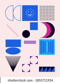 Neo Modernism artwork pattern made with abstract vector geometric shapes and forms. Simple form bold graphic design, useful for web art, invitation cards, posters, prints, textile, backgrounds.