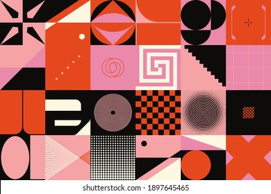 Neo Modernism artwork pattern made with abstract vector geometric shapes and forms. Simple form bold graphic design, useful for web art, invitation cards, posters, prints, textile, backgrounds.