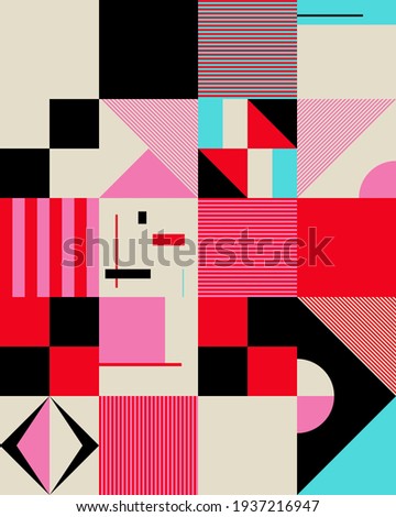 Neo Modernism artwork pattern made with abstract vector geometric shapes and forms. Simple form bold graphic design, useful for web art, invitation cards, posters, prints, textile, backgrounds.
