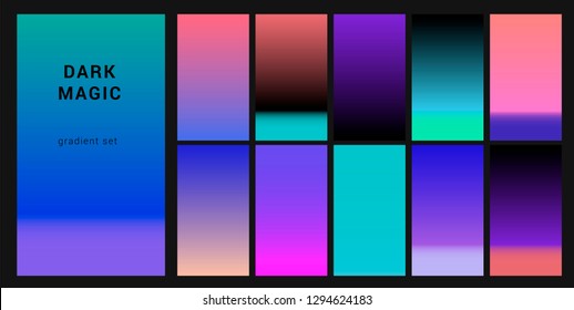 Neo noir neon gloomy palette "Dark Magic", gradient swatches for design. Trendy acid colors: purple, blue, and pink duotone gradients, retrowave 80s-90s aesthetics.