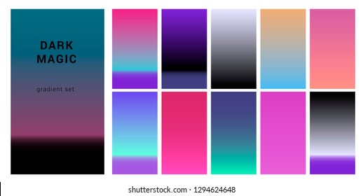 Neo noir neon gloomy palette "Dark Magic", gradient swatches for design. Trendy acid colors: purple, blue, and pink duotone gradients, retrowave 80s-90s aesthetics.