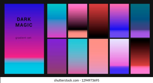 Neo noir neon gloomy palette "Dark Magic", gradient swatches for design. Trendy acid colors: purple, blue, and pink duotone gradients, retrowave 80s-90s aesthetics.