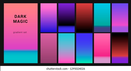 Neo noir neon gloomy palette "Dark Magic", gradient swatches for design. Trendy acid colors: purple, blue, and pink duotone gradients, retrowave 80s-90s aesthetics.