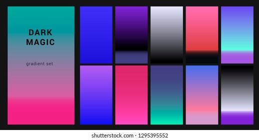 Neo noir neon gloomy palette "Dark Magic", gradient swatches for design. Trendy acid colors: purple, blue, and pink duotone gradients, retrowave 80s-90s aesthetics.