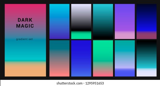 Neo noir neon gloomy palette "Dark Magic", gradient swatches for design. Trendy acid colors: purple, blue, and pink duotone gradients, retrowave 80s-90s aesthetics.