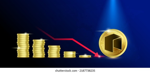 NEO (NEO) on blue background. Stablecoin blockchain token price down from pile of gold coins.There is space to enter message. Nice for cryptocurrency and digital money concept.