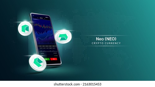 Neo y teléfono. Aplicación para intercambiar moneda criptográfica en el smartphone de pantalla táctil. Análisis de datos en el mercado de valores. Tendencias y estrategia financiera. La criptodivisa bancaria móvil. Vector 3d. 