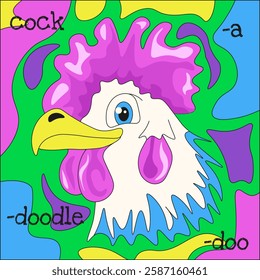 Neo Psychedelia Cock on trendy Organic shapes background. Vibrant color rooster. Perfect poster t-shirt print vector illustration. EPS 10