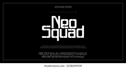 Neo Squad é o alfabeto de estilo de estêncil do exército, letras em negrito, fonte dinâmica para o logotipo moderno do esporte, título do jogo, tipografia de ação, design tipográfico de força moderna. Tipo de vetor