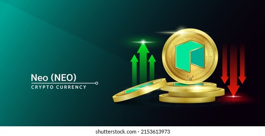 Neo token cryptocurrency banner. Future currency on blockchain stock market with red-green arrows up and down. Gold coins crypto currencies. Banner for news on a green background. 3D Vector.