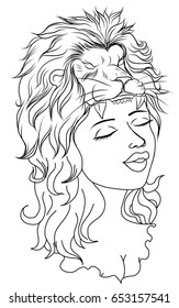 Neo Traditional Tattoo style ,Outline Women in mask of a lion and flower, Hand drawn vector