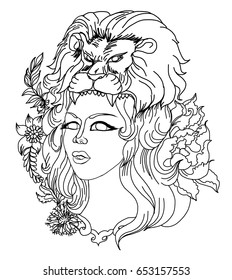 Neo Traditional Tattoo style ,Outline Women in mask of a lion and flower, Hand drawn vector