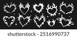 Neo tribal aesthetic y2k tattoo with heart shape. White gothic romance stickers or cyber ornament set. Neotribal emo love logo. Trendy hand drawn goth stylized burning hearts silhouette on fire flames