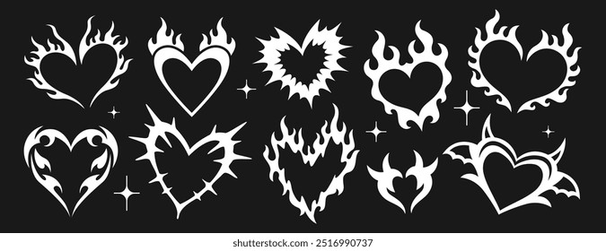 Neo tribal aesthetic y2k tattoo with heart shape. White gothic romance stickers or cyber ornament set. Neotribal emo love logo. Trendy hand drawn goth stylized burning hearts silhouette on fire flames