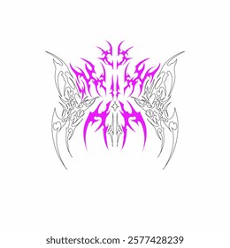 Neo tribal butterfly symmetrical shapes pink and black lines sharp Pattern, Cyber Gothic tattoo Elements