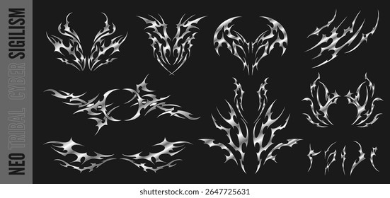 Neo tribal chrome metal elements vector set. Symmetry ornament swirl demon wings sharp shape. Gothic abstract pattern Maori style. Cyber sigilism hand drawn silhouette pack design