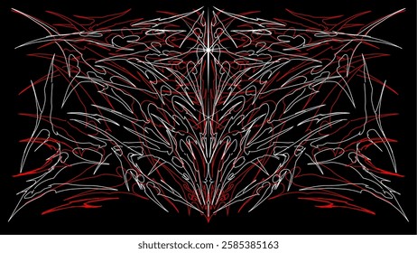 Neo tribal cyber gothic vector art with sharp symmetry, red black patterns, and aggressive energy